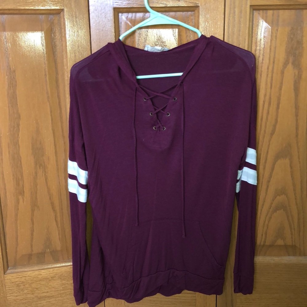 burgundy long sleeve shirt w/ hood and pocket